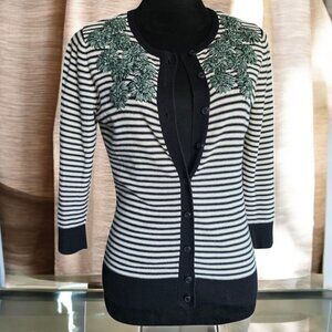 TABITHA ( SM ) Anthropologie Brand Black White Cardigan with Green Embroidery